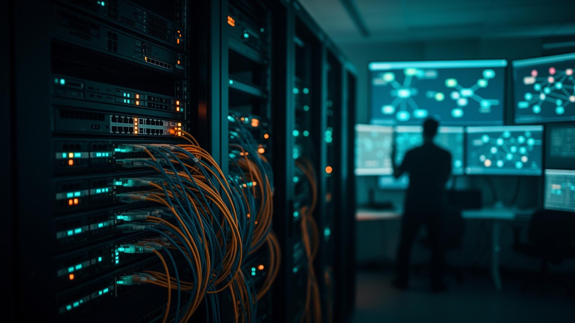 Network operations center with server racks and monitoring dashboards